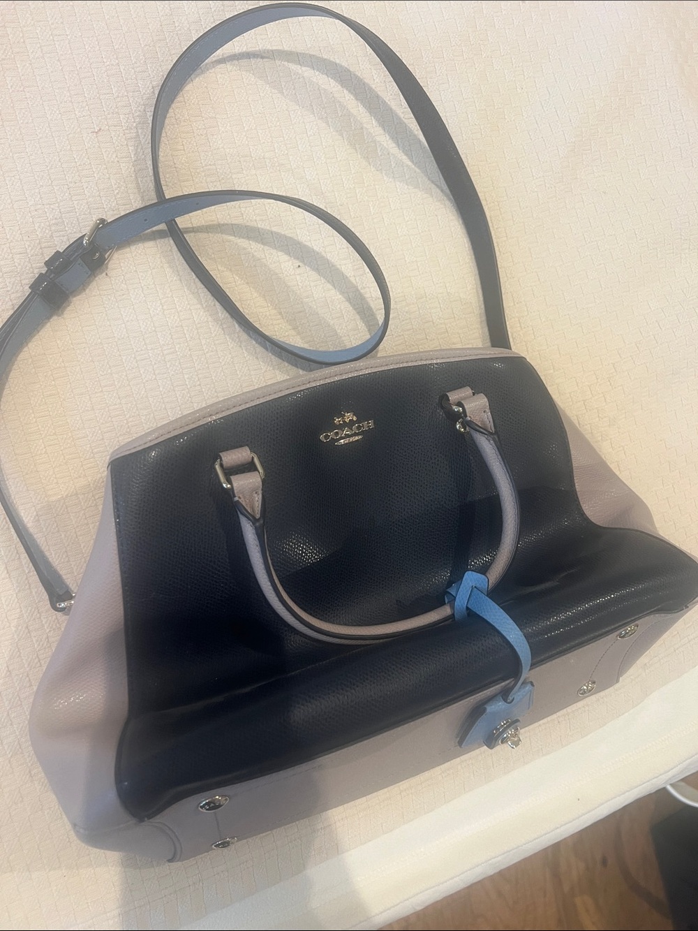 Coach Two-Tone Black and Taupe Satchel with Blue Accent